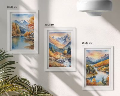 Framed triptych Mountain landscape with a river and autumn trees