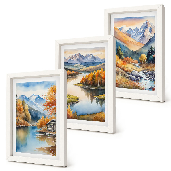 3-piece wall art set Mountain views with river and autumn trees