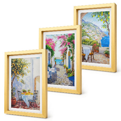 Framed triptych Charming streets with flowering plants and sea views
