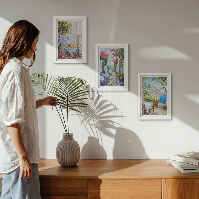 Framed triptych Charming streets with flowering plants and sea views