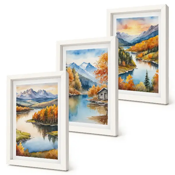 Photo frame wall gallery autumn mountain landscape with a river and cottage by the water