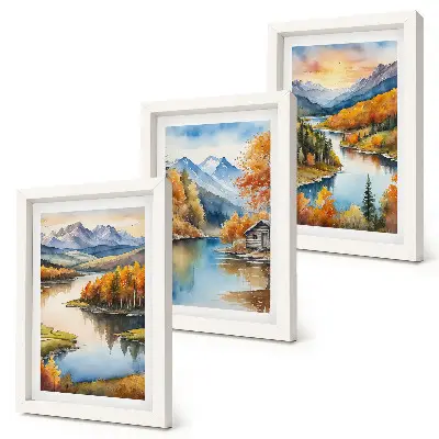 Photo frame wall gallery autumn mountain landscape with a river and cottage by the water