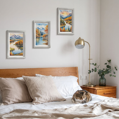 Photo frame wall Autumn mountain landscapes with a river and a cottage by the water