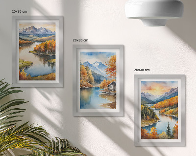 Photo frame wall Autumn mountain landscapes with a river and a cottage by the water