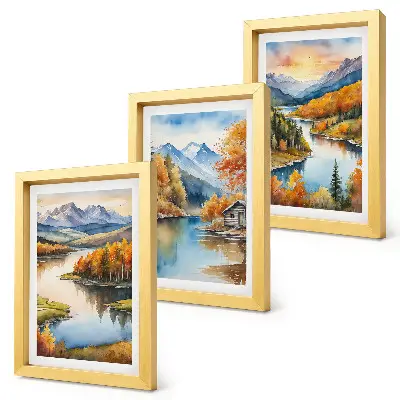 Photo frame wall gallery autumn mountain landscape with a river and cottage by the water
