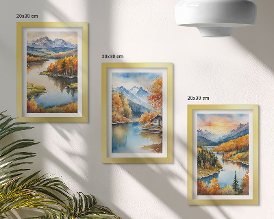 Photo frame wall Autumn mountain landscapes with a river and a cottage by the water