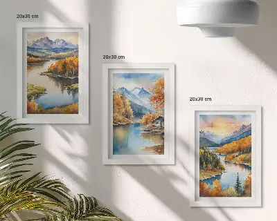 Photo frame wall gallery autumn mountain landscape with a river and cottage by the water
