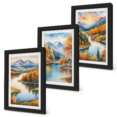 Photo frame wall Autumn mountain landscapes with a river and a cottage by the water