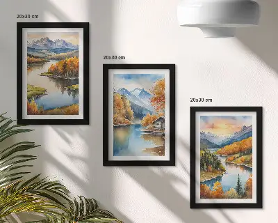 Photo frame wall gallery autumn mountain landscape with a river and cottage by the water