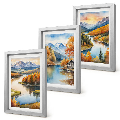Photo frame wall Autumn mountain landscapes with a river and a cottage by the water