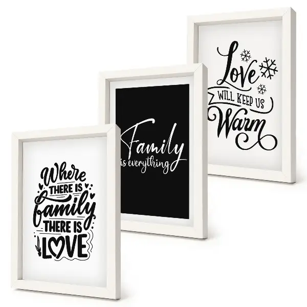 Framed triptych wall art featuring inspirational family, love, and home quotes