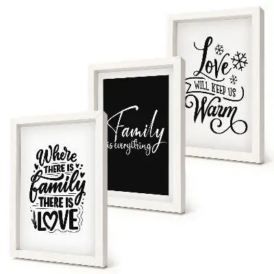 Framed triptych wall art featuring inspirational family, love, and home quotes
