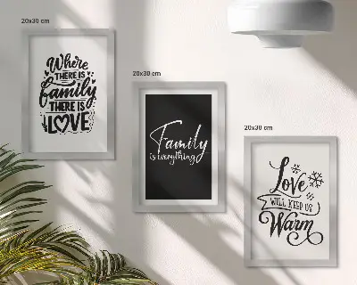 Framed triptych wall art featuring inspirational family, love, and home quotes