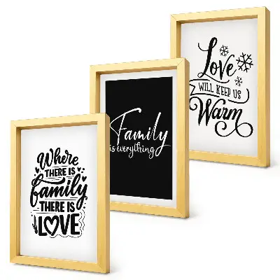 Framed triptych wall art featuring inspirational family, love, and home quotes