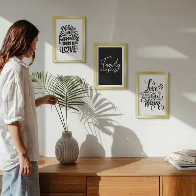 Framed triptych wall art featuring inspirational family, love, and home quotes