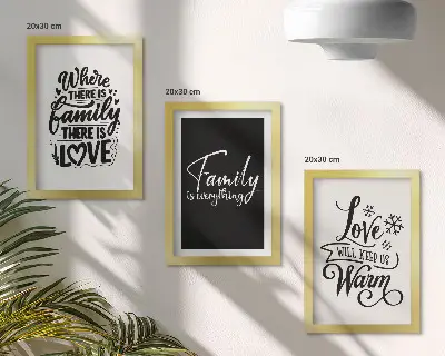 Framed triptych wall art featuring inspirational family, love, and home quotes