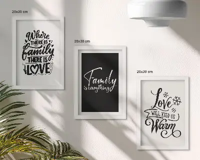 Framed triptych wall art featuring inspirational family, love, and home quotes