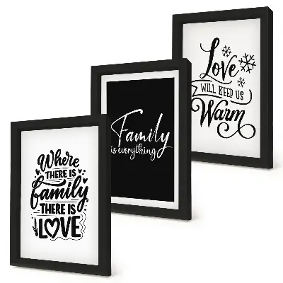 Framed triptych wall art featuring inspirational family, love, and home quotes