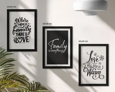 Framed triptych wall art featuring inspirational family, love, and home quotes