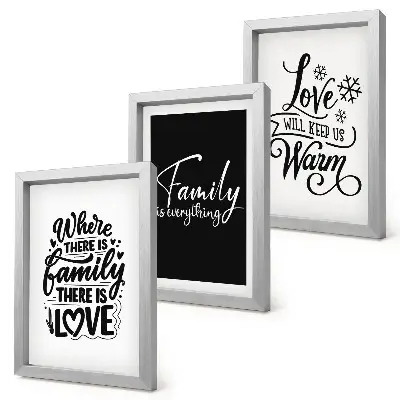 Framed triptych wall art featuring inspirational family, love, and home quotes
