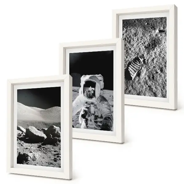 Photo frame wall set featuring moon photography with an astronaut and footprint