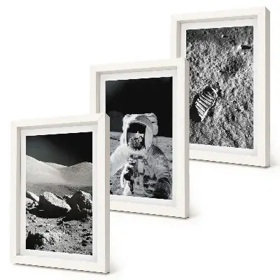 Photo frame wall set featuring moon photography with an astronaut and footprint