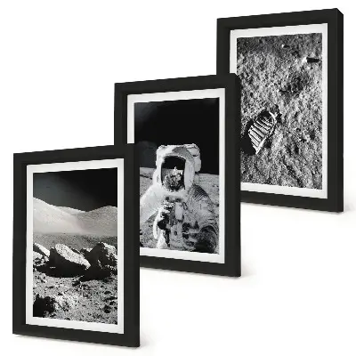 Photo frame wall set featuring moon photography with an astronaut and footprint