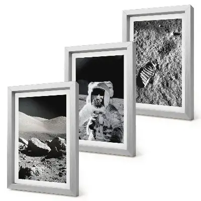 Photo frame wall set featuring moon photography with an astronaut and footprint