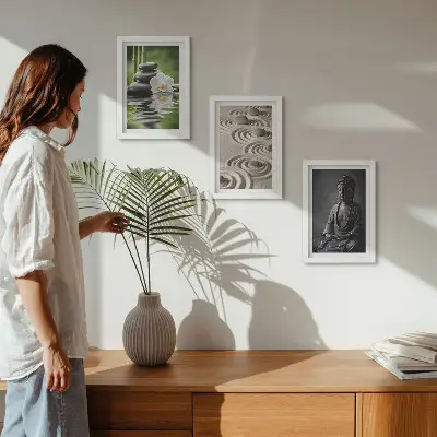 Relaxing Buddha stones and bamboo triptych framed wall art