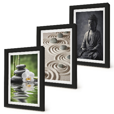 Framed triptych Relaxing view of Buddha, stones on the beach and bamboo