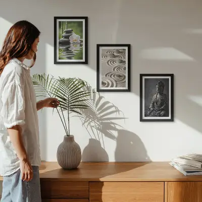Relaxing Buddha stones and bamboo triptych framed wall art
