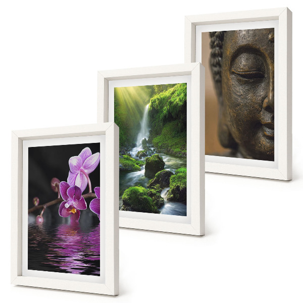 Framed triptych Flowers in the water waterfall with green rocks Buddha