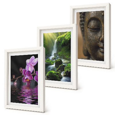 Framed triptych Flowers in the water waterfall with green rocks Buddha