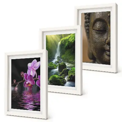 Flowers in the water waterfall with green rocks Buddha triptych framed 3-piece set