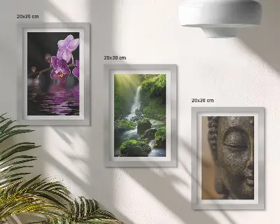 Flowers in the water waterfall with green rocks Buddha triptych framed 3-piece set