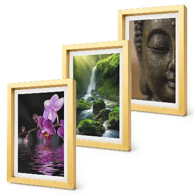 Flowers in the water waterfall with green rocks Buddha triptych framed 3-piece set