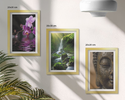 Framed triptych Flowers in the water waterfall with green rocks Buddha