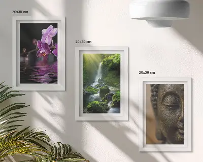 Flowers in the water waterfall with green rocks Buddha triptych framed 3-piece set