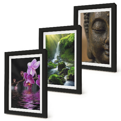 Framed triptych Flowers in the water waterfall with green rocks Buddha
