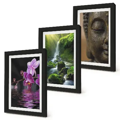 Flowers in the water waterfall with green rocks Buddha triptych framed 3-piece set