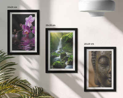 Framed triptych Flowers in the water waterfall with green rocks Buddha
