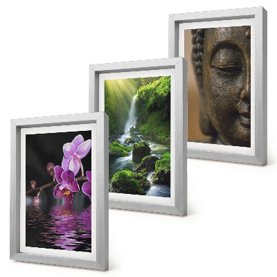 Framed triptych Flowers in the water waterfall with green rocks Buddha