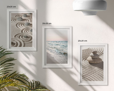 3-piece wall art set Calm waves of sand and water with stones on the beach