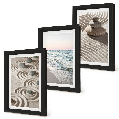 3-piece wall art set Calm waves of sand and water with stones on the beach