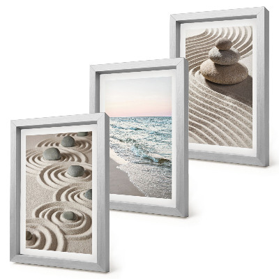 3-piece wall art set Calm waves of sand and water with stones on the beach