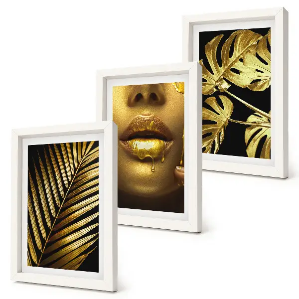 Palm leaves and woman's face triptych framed, with monstera leaves art