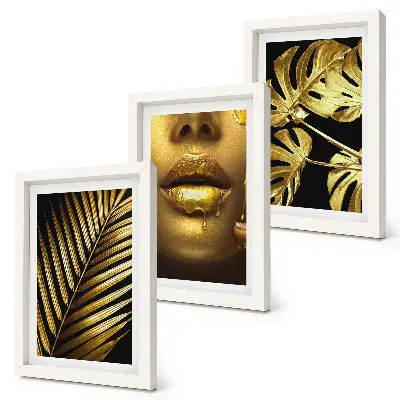 Palm leaves and woman's face triptych framed, with monstera leaves art