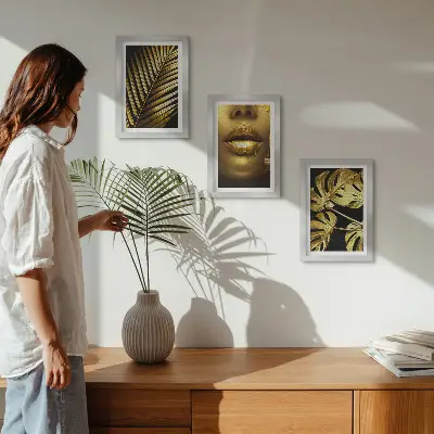 Palm leaves and woman's face triptych framed, with monstera leaves art