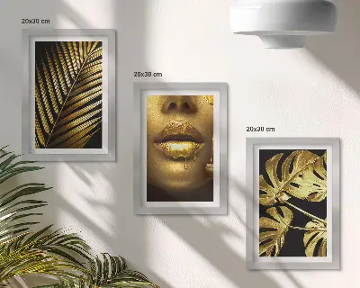 Palm leaves and woman's face triptych framed, with monstera leaves art