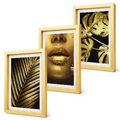 Palm leaves and woman's face triptych framed, with monstera leaves art
